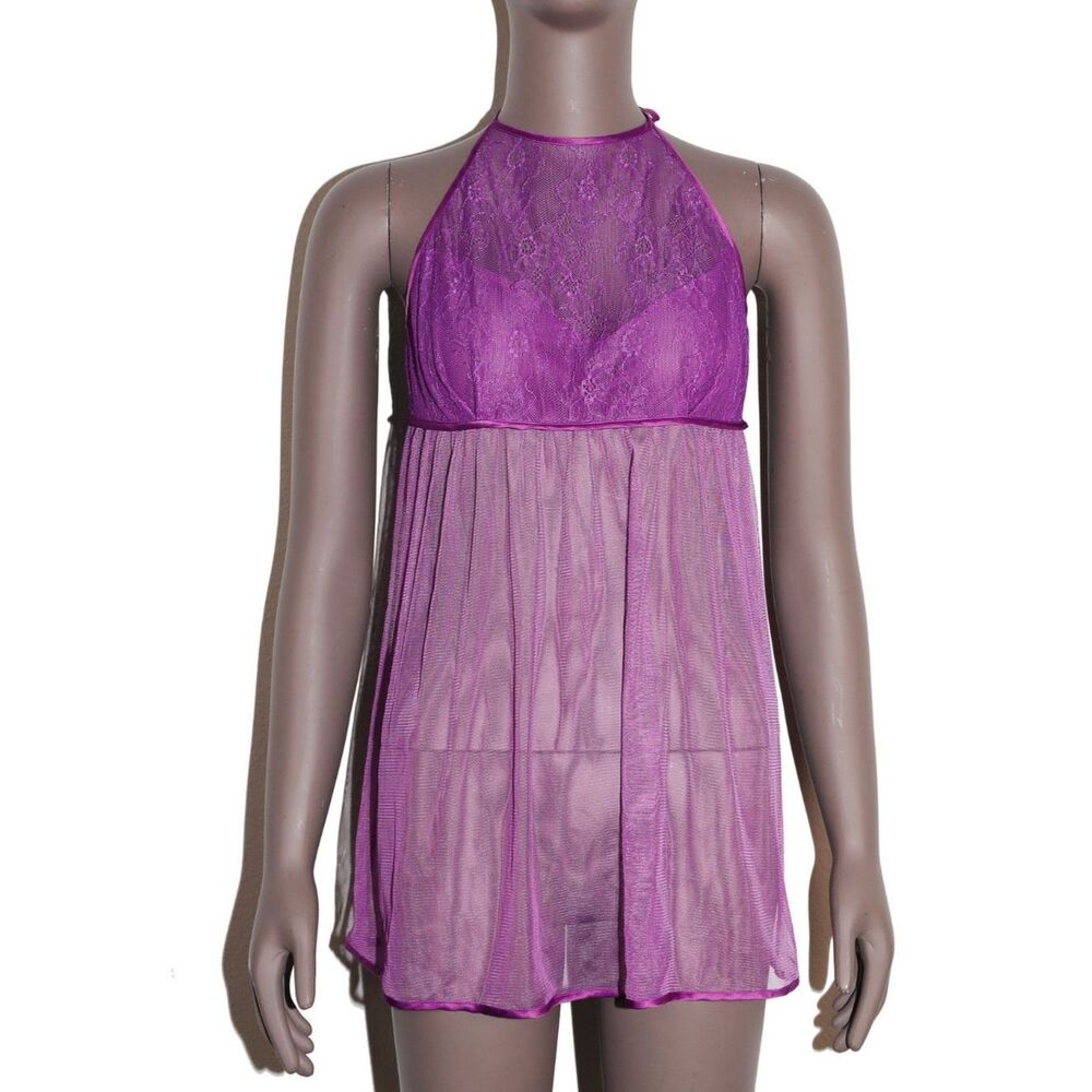 Purple Sheer Mesh Lace Teddy‎ Babydoll Lingerie Halter Dress Small